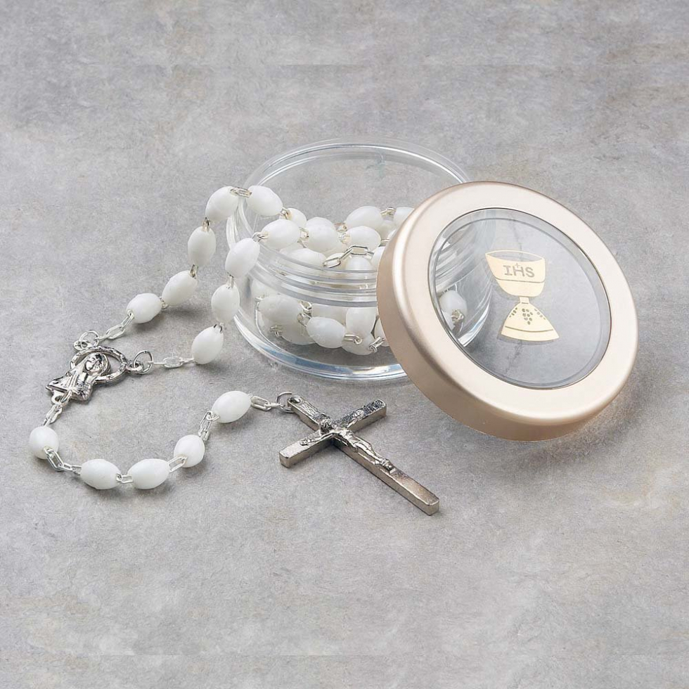 New First Communion White Rosary &#038; Clear Box Gift